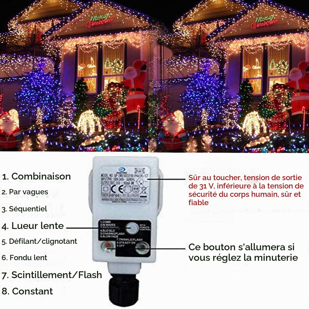 Guirlande lumineuse rideau d'extérieur, 100M longue guirlande lumineuse avec Adapteur Alimentation lumières d'arbre de Noël couleur changeante guirlande lumineuse extérieure avec télécommande