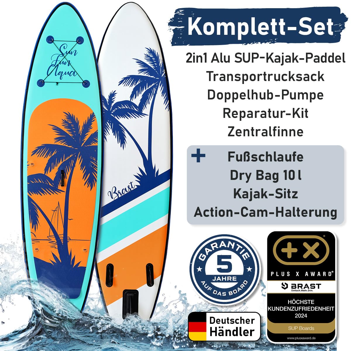 BRAST SUP Board Tropic | Aufblasbares Stand up Paddle Set | 320x81x15cm | 5 Designs | 5 Jahre Garantie | inkl. Sonderzubehör | 2in1 Paddel Kajak-Sitz Action-Cam-Halterung Fußschlaufe Pumpe Rucksack