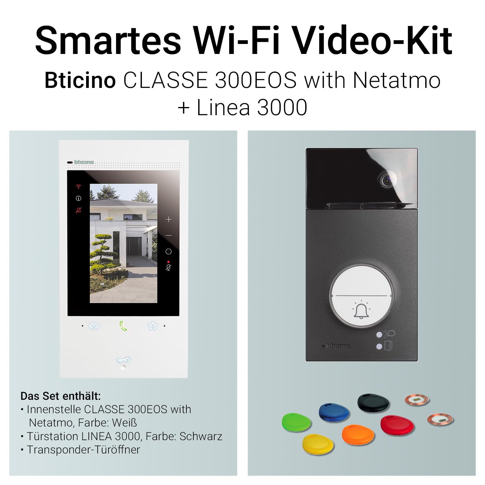 BTICINO, Flex‘ONE-Set Classe 300EOS with Netatmo + Linea 3000, erste smarte Wi-Fi-Video-Innenstelle mit integr. Alexa, 5"-Touchscreen, App Home+Security, 2-Draht-Technik, 363915