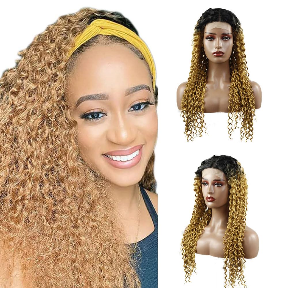 Weeybay Curly 4x4 Lace Front Wigs 1B/27 Black Root Honey Blond Real Unprocessed HD Transparent Human Hair Wigs Ombre Blonde Color for Women 16 Inch
