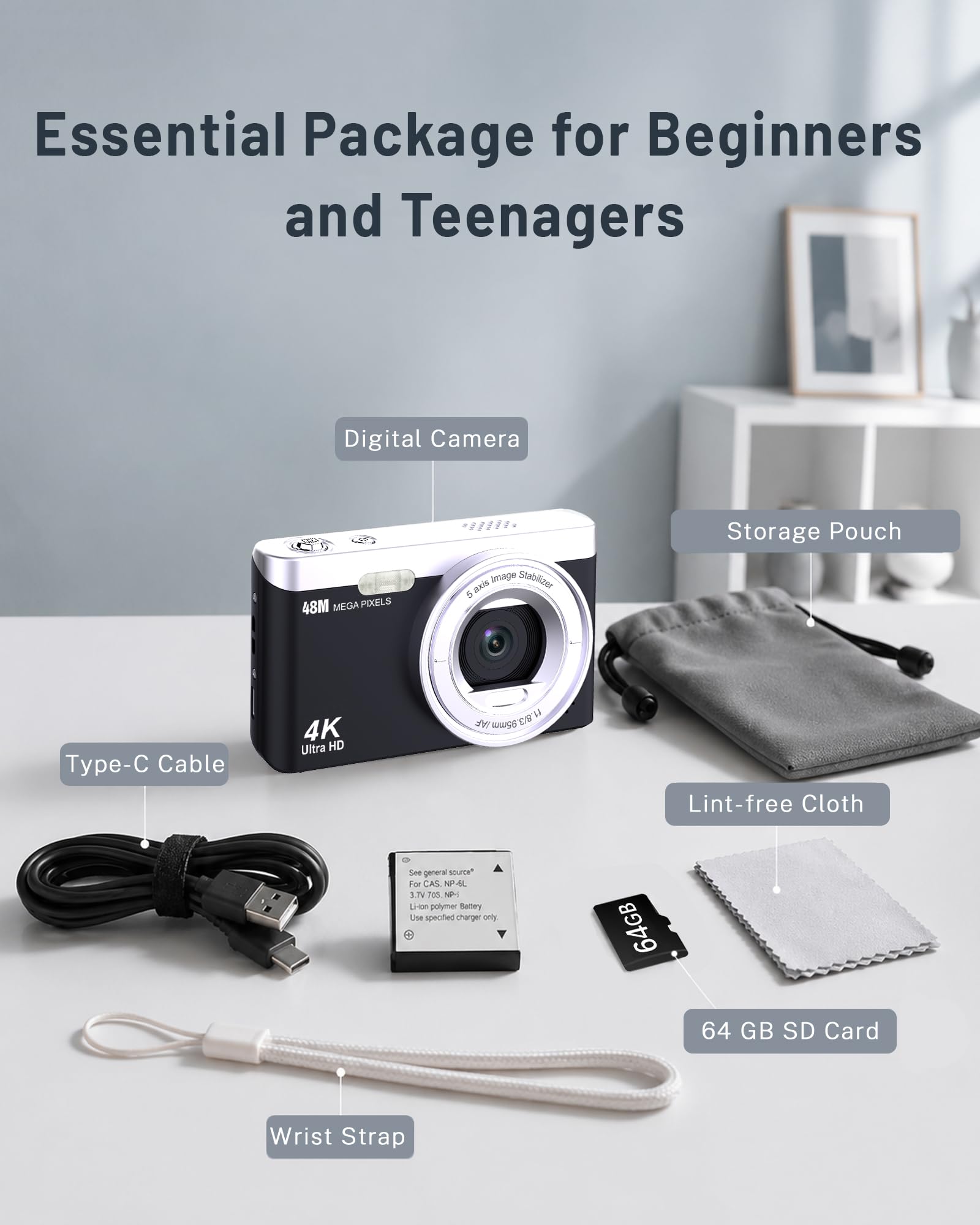 Fotocamera digitale 4K, 48 MP, messa a fuoco automatica, con schermo da 2,8", zoom digitale 16x, scheda SD da 64 GB, portatile, compatta per bambini, adolescenti e principianti