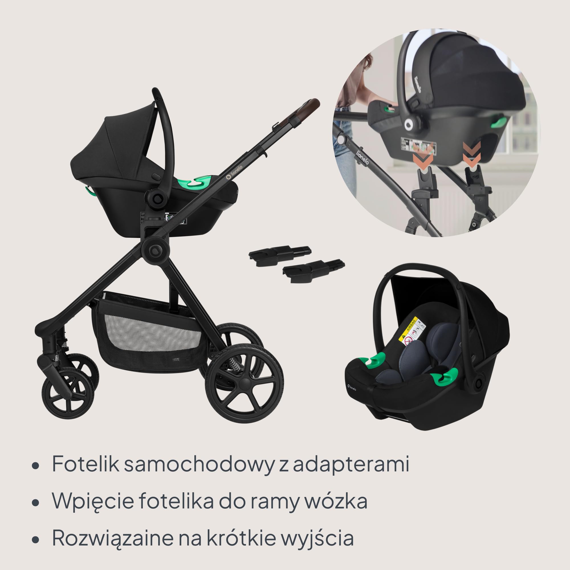 Lionelo Greet Wózek dziecięcy 3 w 1 od urodzenia do 4 lat, do 22 kg | Duża gondola do noszenia, odwracalne siedzisko, lekka konstrukcja, zawieszenie, pozycja leżąca, UPF50+