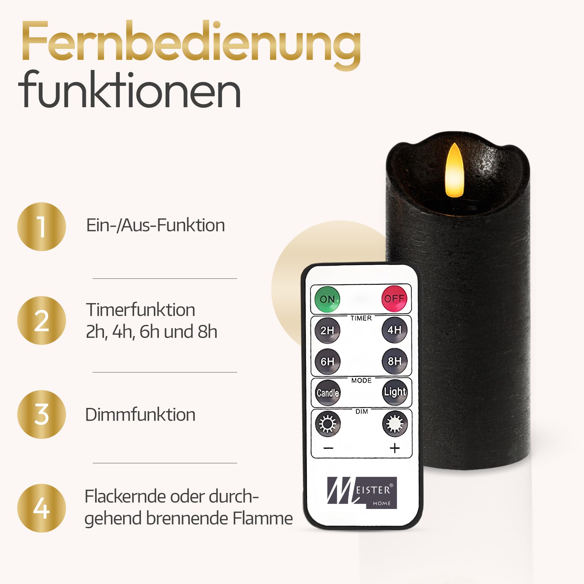 Meisterhome Juego de 3 velas LED negras, sin llama, con llama parpadeante, diseño rústico, con mando a distancia y temporizador, funciona con pilas, color blanco cálido, diámetro de 7,5 x 10/12,5/15
