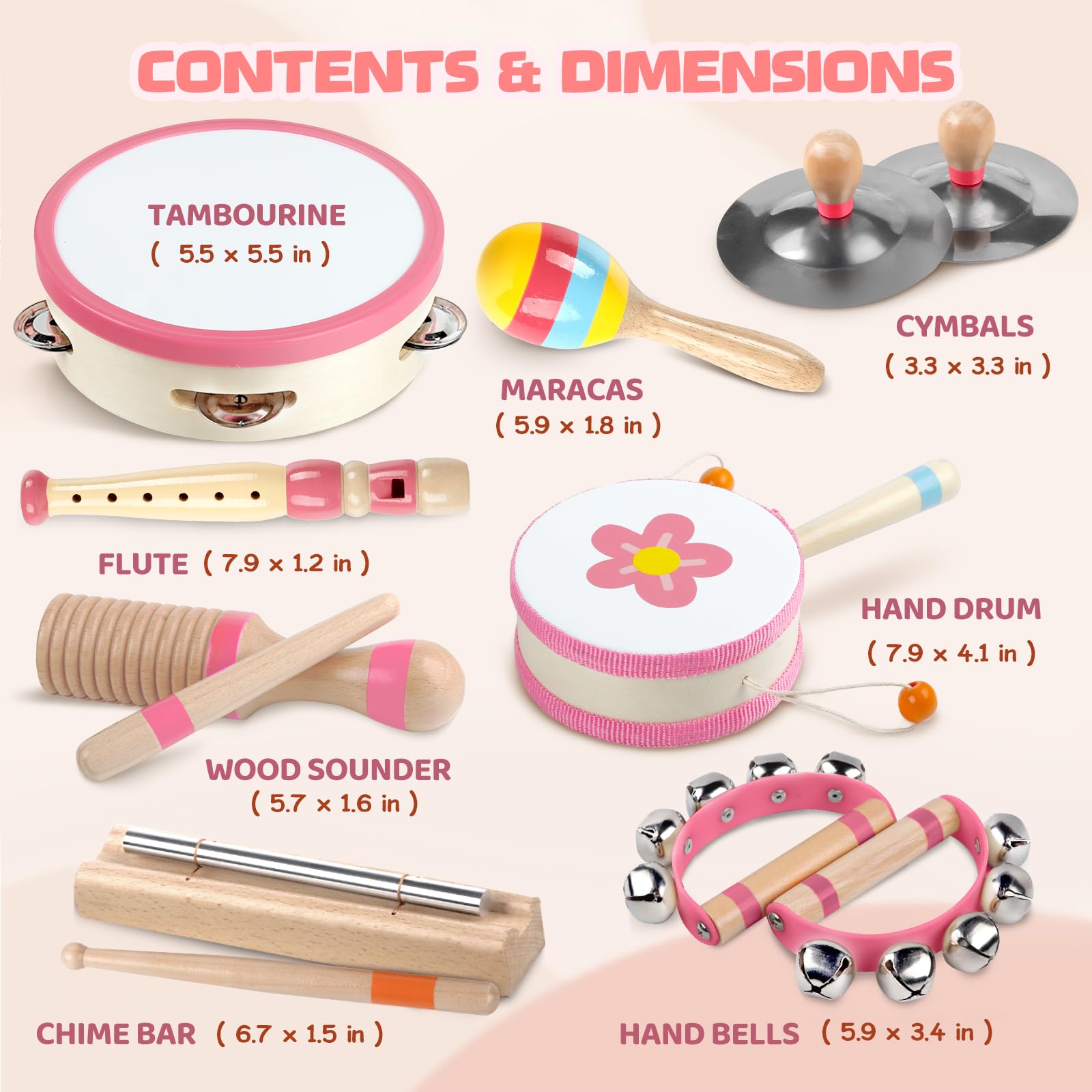 Strumenti musicali per bambini - Giocattoli musicali Montessori per tutti-piccoli, Set di strumenti a percussione in legno, Giocattoli di risveglio musicale (Pink)