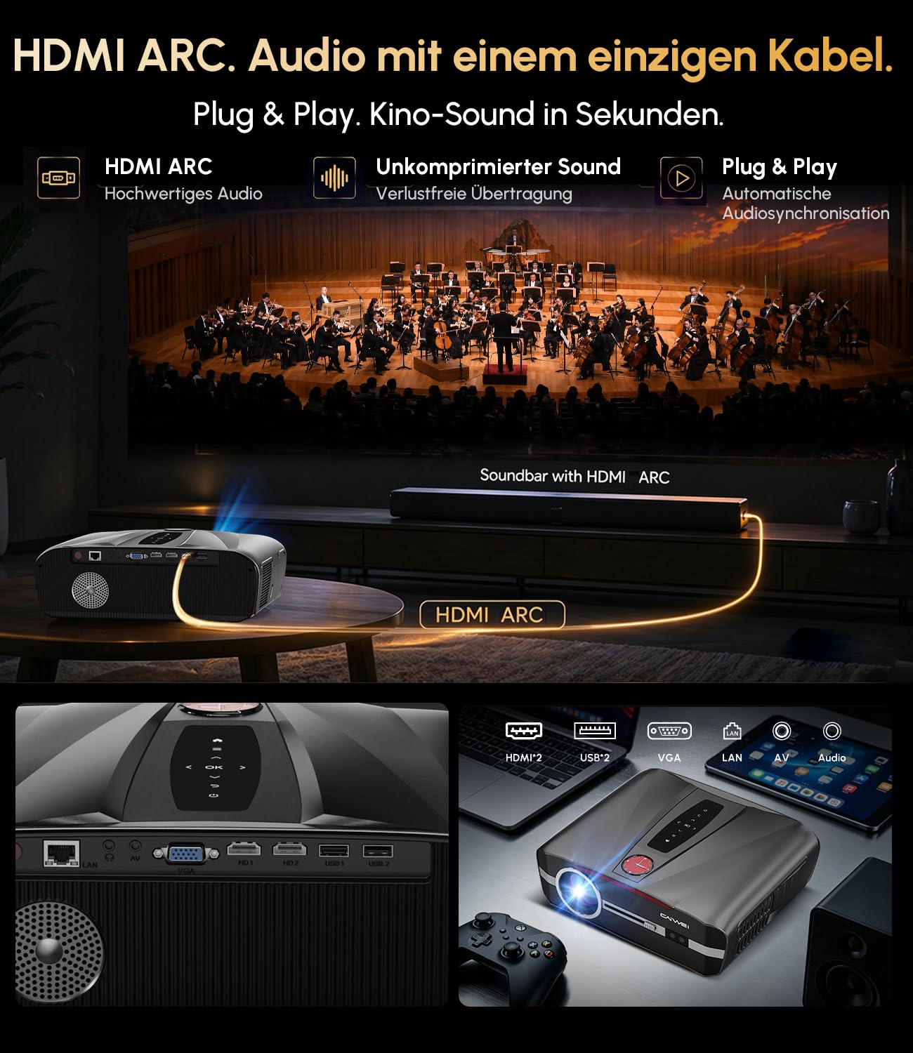 Vidéoprojecteur de lumière du jour 2300ANSI 4K Ultra HD HDR10 Projecteur intelligent de jour avec Tof Autofocus HDMI ARC/CEC 38W DB Audio WiFi6 Bluetooth 5.4 WiFi Vidéoprojecteur pour home cinéma