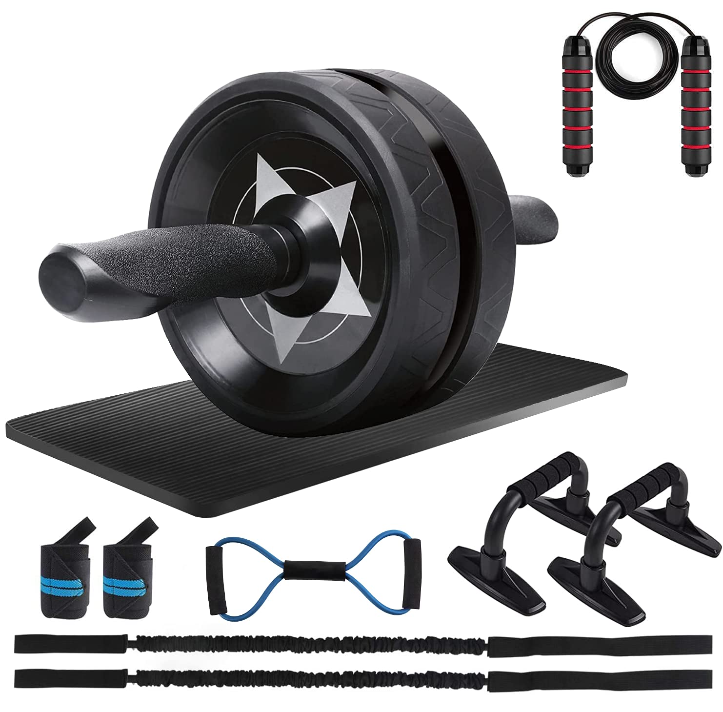 Ab Roller Wheel, 10-In-1 Ab Exercise Wheels Kit with Resistance Bands, Knee Mat, Jump Rope, Push-Up Bar - Home Gym Equipment for Men Women Core Strength & Abdominal Exercise
