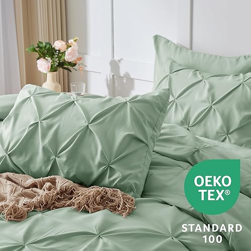 Miniatura 4 de CozyLux Juego de edredón Queen de 7 piezas, tamaño Queen, color verde salvia, juego de ropa de cama plisada en una bolsa con edredón para todas las