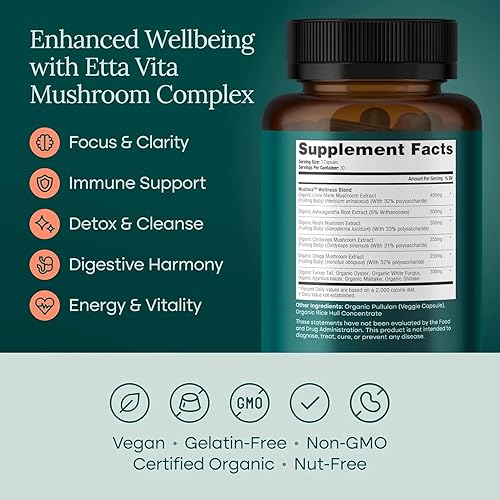 Miniatura 5 de USDA Organic Lions Mane Suplemento Cápsulas con Ashwagandha, Chaga, Reishi, Cordyceps, cola de pavo (18,600 mg/serv), 10 complejos adaptogénicos de