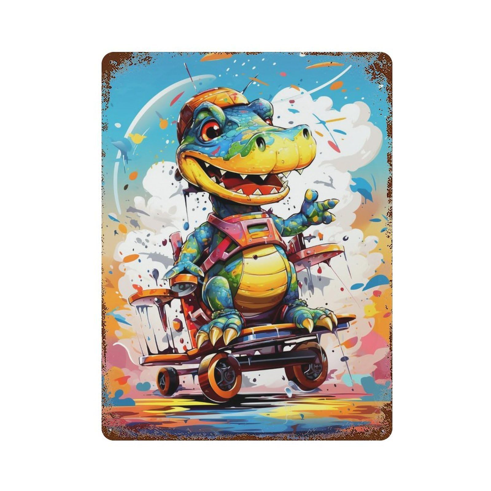 Colorful Crocodile Skateboard Art Rustic Tin Plaque 15.7"x11.8", Novelty Wall Decor for Garage, Pub Or Kitchen