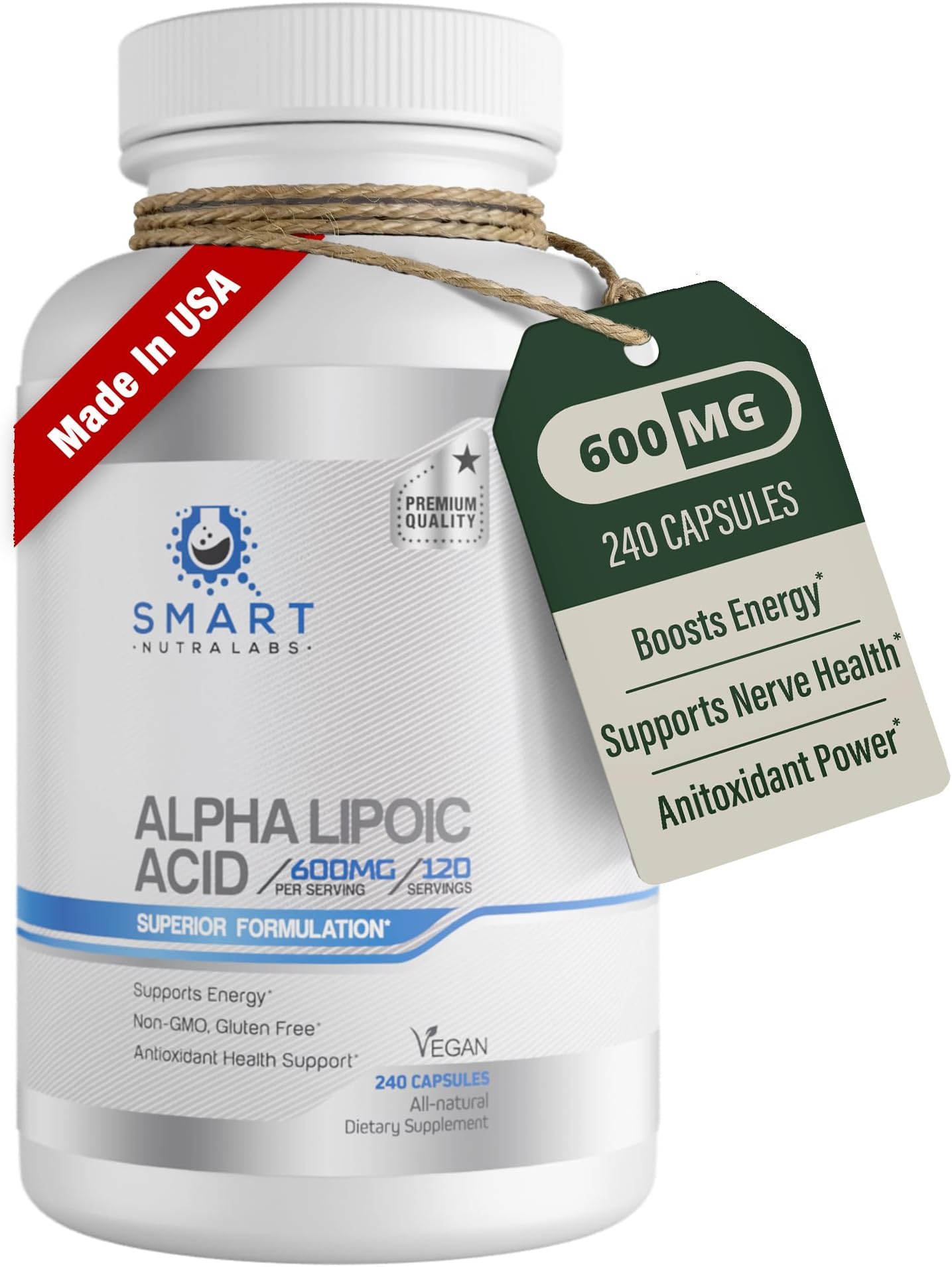 SMART NUTRA LABS Alpha Lipoic Acid 600mg Per Serving, 240 Vegan Capsules- Gluten Free, Pure Non-GMO ALA- Supports Energy & Anti Oxidant