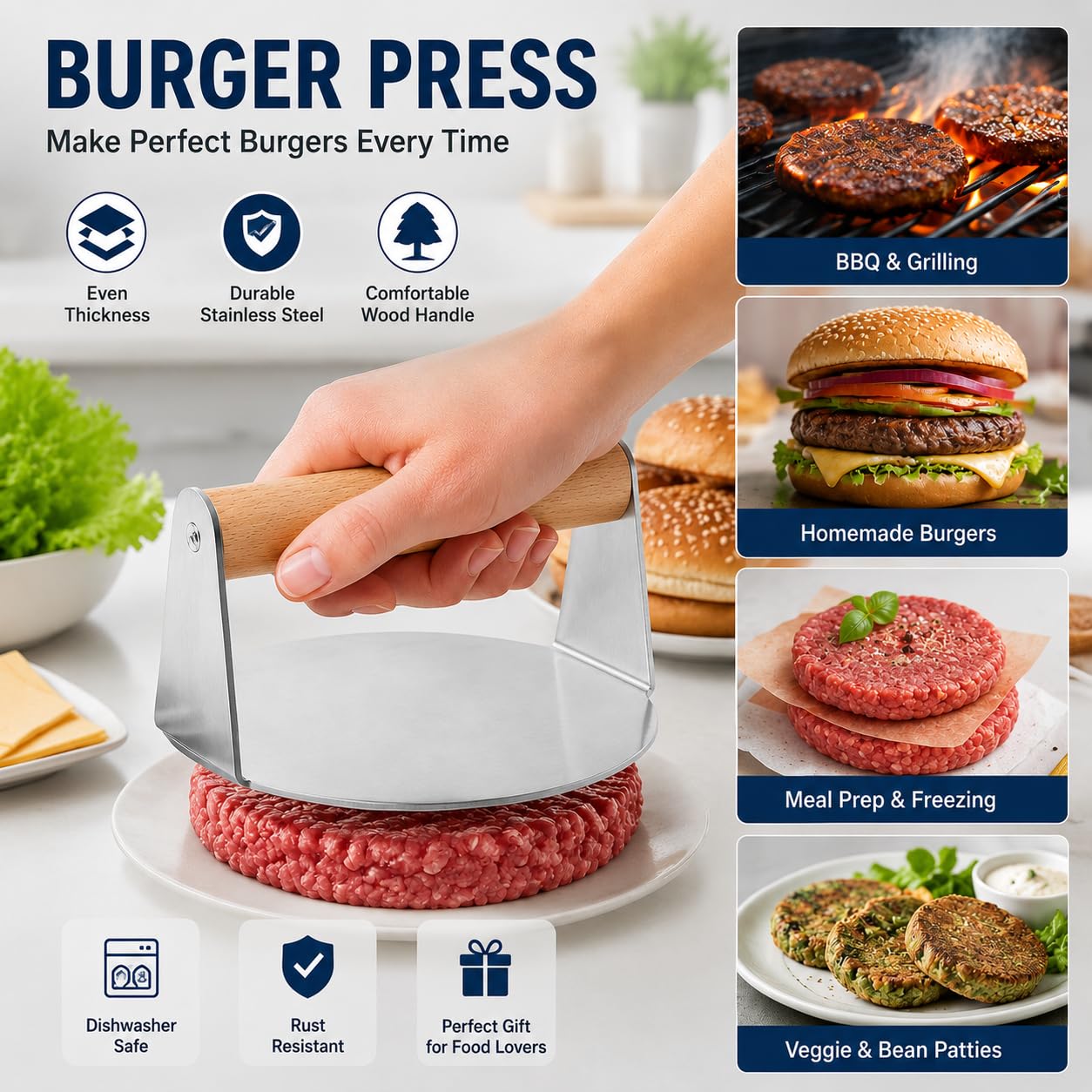 Pressa per Hamburger in Acciaio Inox Ø 14 cm, Schiacciacarne Professionale con Manico in Legno incl. 50 Dischi di Carta Forno, Smash Burger Press per Grill e Padella, Ideale per Steak, Bacon e Panini