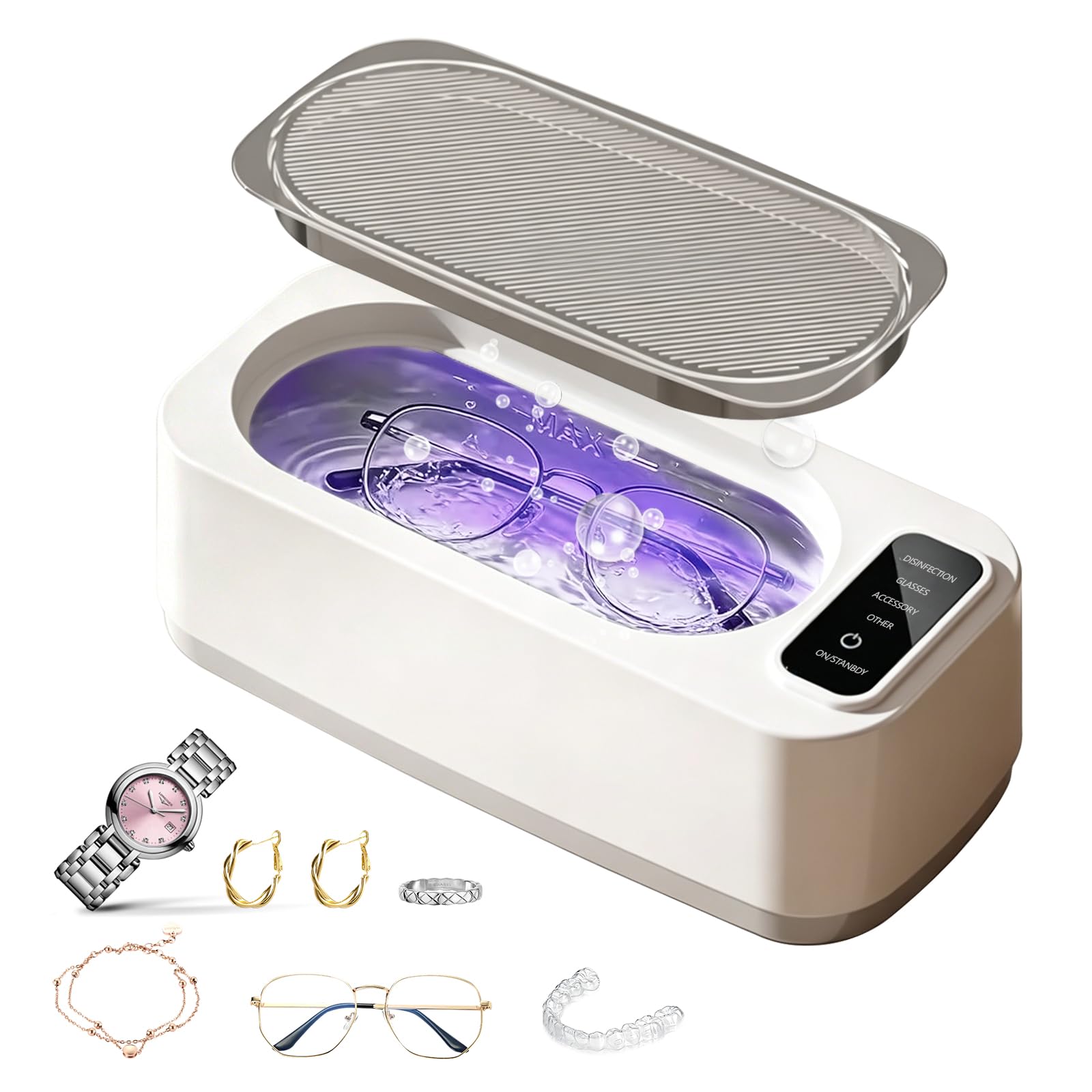Ultrasoniczne urządzenie do czyszczenia okularów 55000 Hz, z wyświetlaczem LED, 350 ml, 4 tryby czyszczenia biżuterii, okularów, pierścionków, aparatów ortodontycznych, zegarków i głowic do golenia
