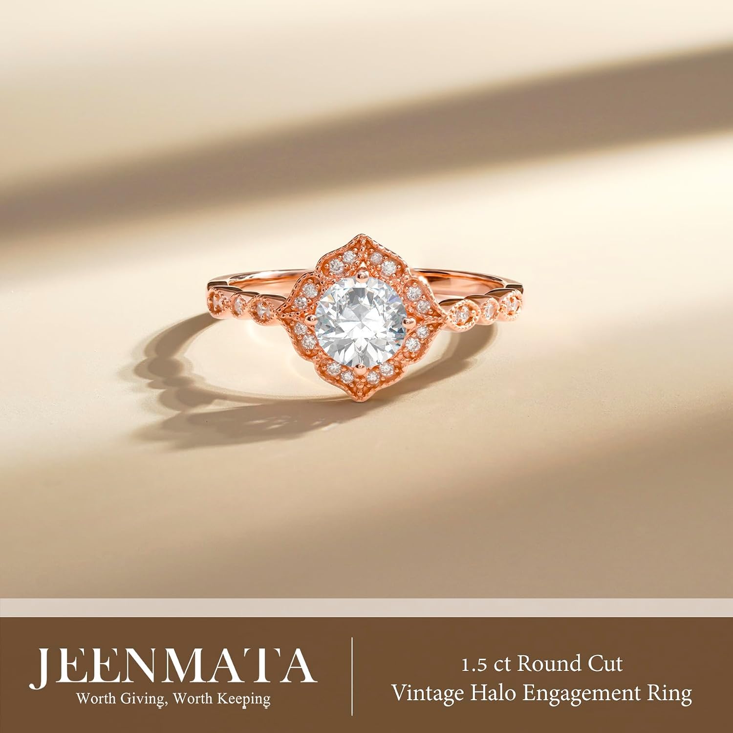 1.50 Carat Vintage Halo Engagement Ring for Women, Round Cut Cubic Zirconia Ring with Moissanite Side Stones, 18K Rose Gold Plated Vintage Accented Bridal Ring