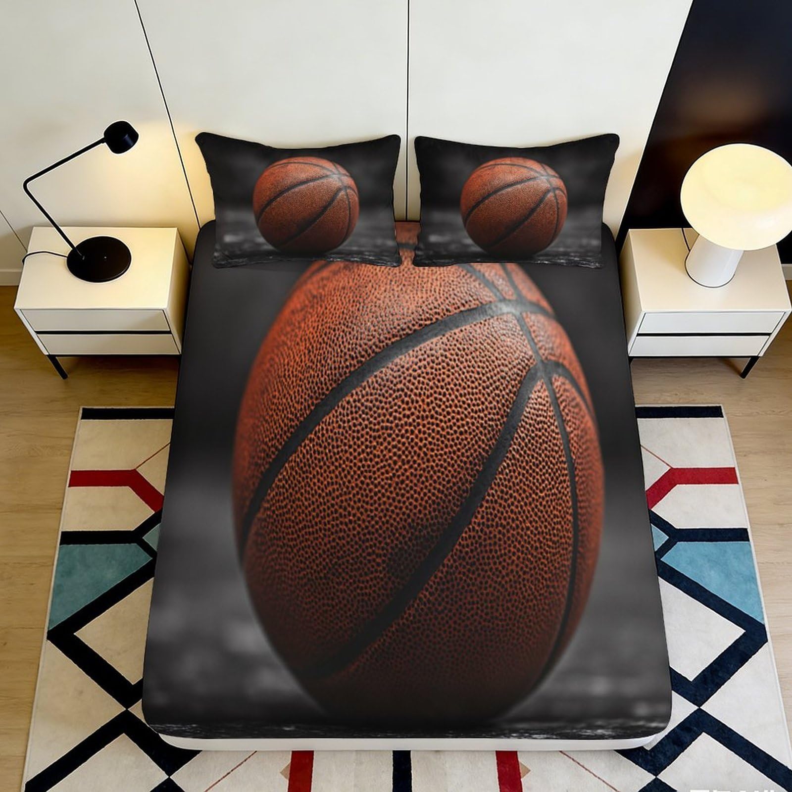3D Printed Basketball Fitted Sheet Microfiber Soft Durable Basketball Mattress Cover for Bedroom Dormitory Guest Room Protection and Decoration 180x200x25cm