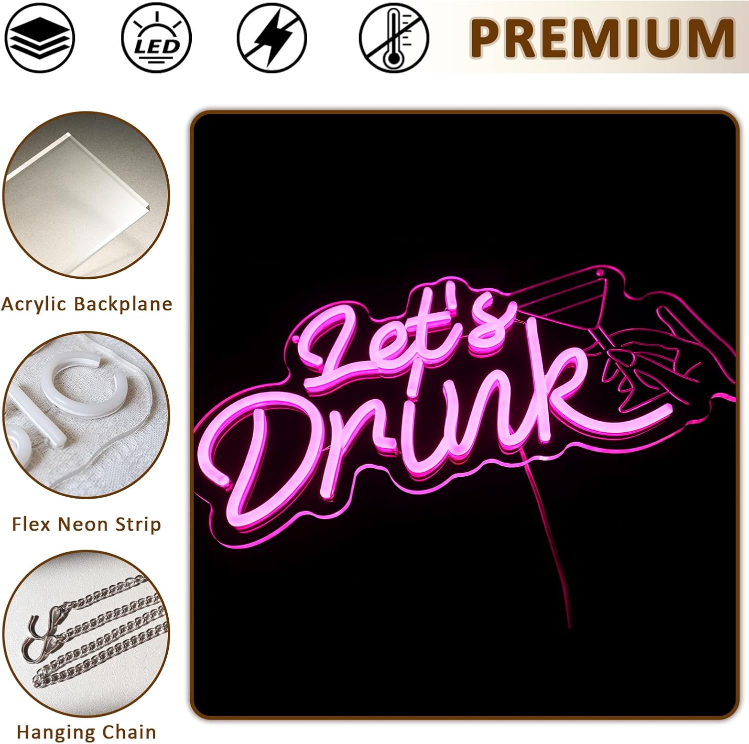 Let's Drink Neon Sign for Wall Decor, Pink Led Signs for Cocktail Bar, USB Dimmable Cocktails Neon Lights for Beer Bar Kitchen Restaurant Home Pub Party Man Cave Club Shops Business