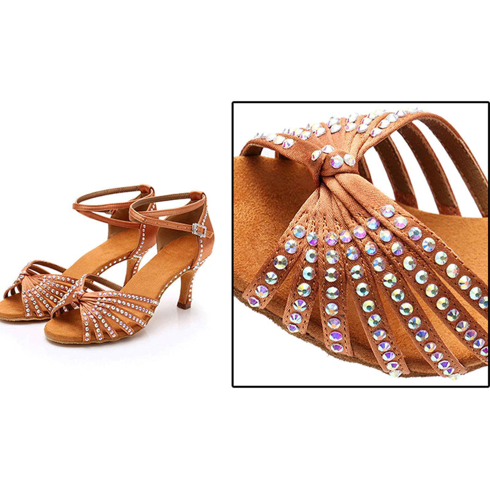 Nowe buty do tańca latynoskiego z diamentową wkładką dla kobiet dorosłych na środkowym obcasie miękka podeszwa buty do tańca wysokie obcasy z diamentowymi butami do tańca Cha-cha, A436 brązowy obcas 7