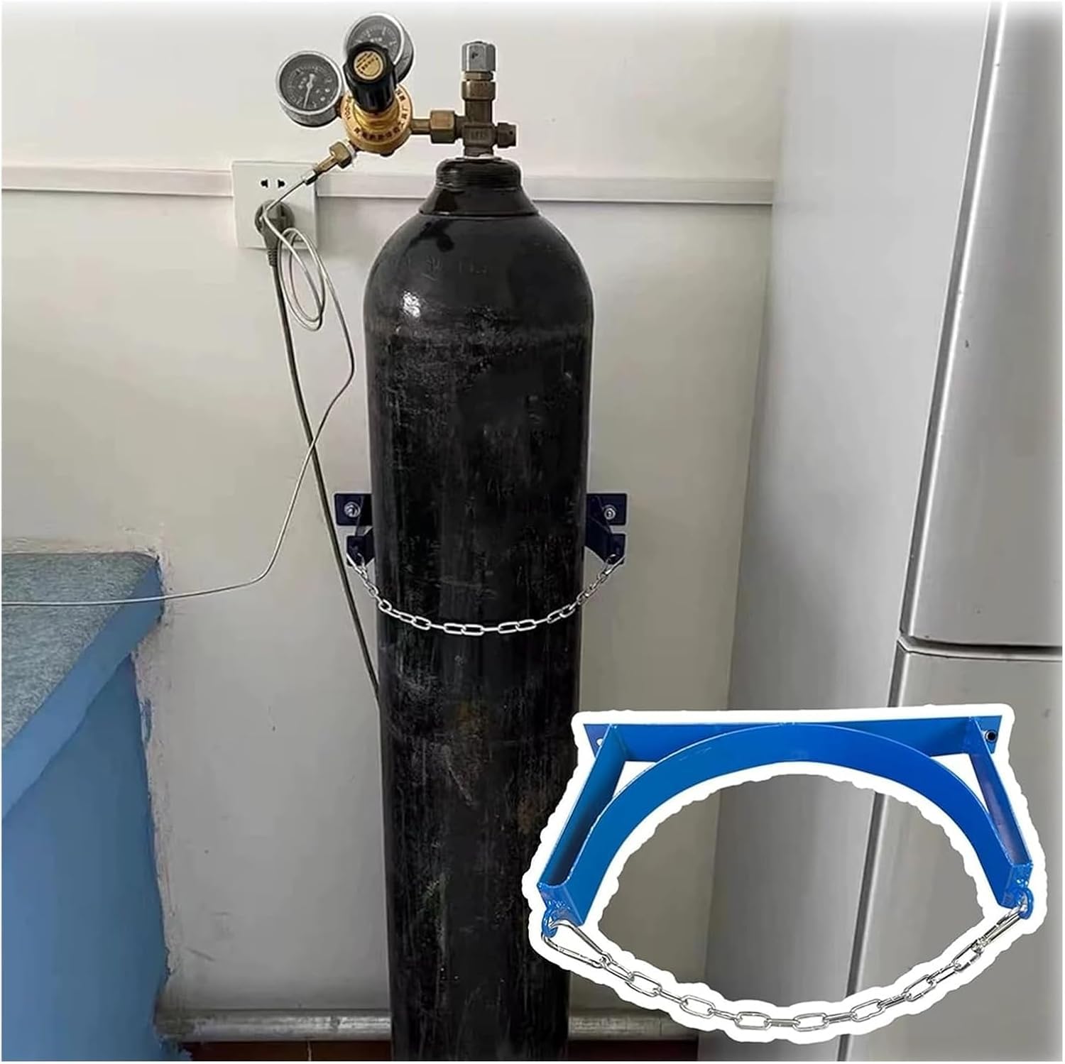 Verstellbares, sicheres Metall-Zylinderregal zur Wandmontage, hält 1 Tank mit Kette, ideale Gasflaschen-Aufbewahrungslösung für Zuhause und Kliniken, 35,1 cm Länge