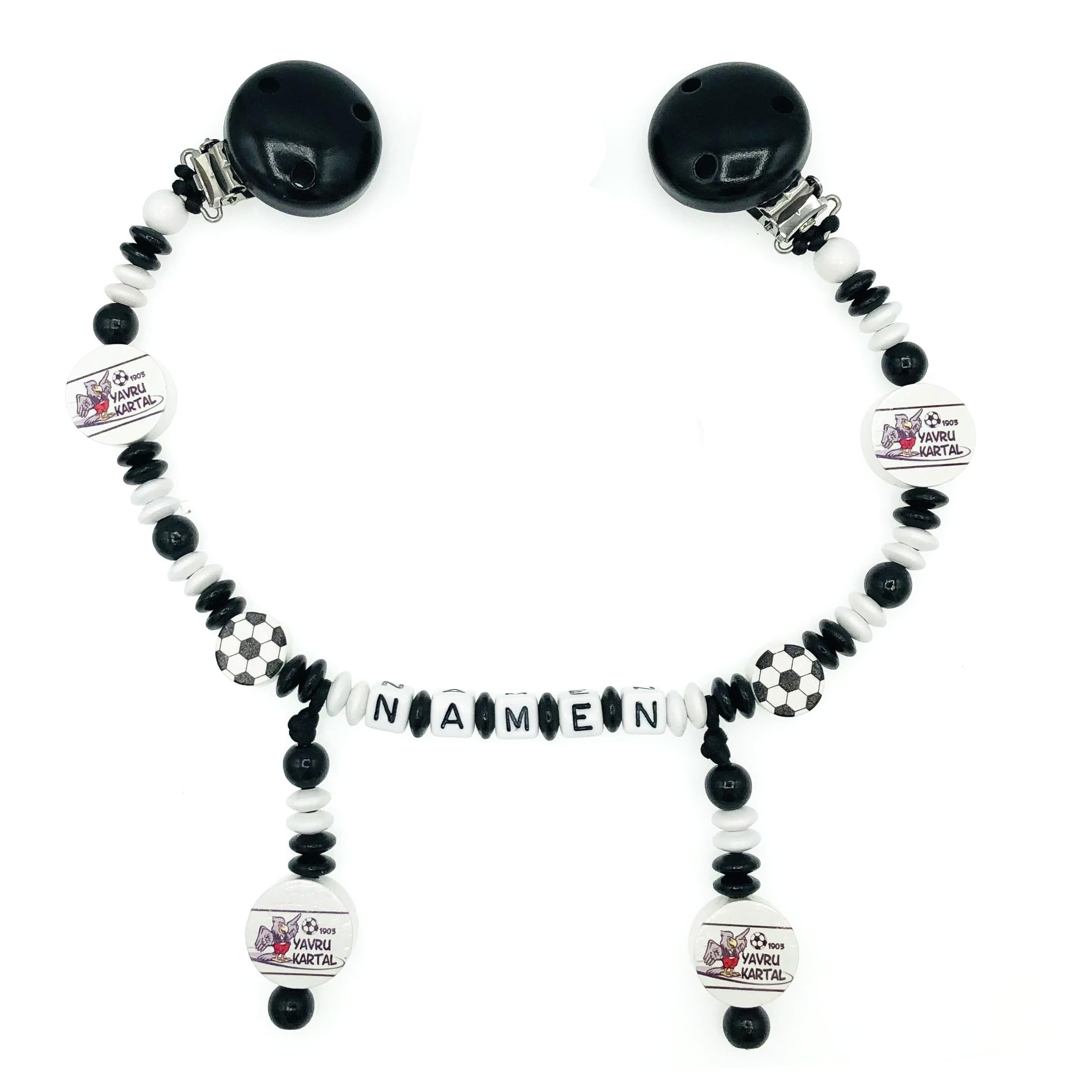 Set Nuckelkette + Kinderwagenkette mit Namen " für BESIKTAS fan - YAVRU KARTAL - FUßBALL " Schwarz Weiß/Baby/Unisex/Personalisiert/HANDMADE