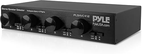 Pyle Selector de altavoz estéreo de alta potencia de 4 canales con control de volumen, construcción de carcasa resistente y duradera, disipador de