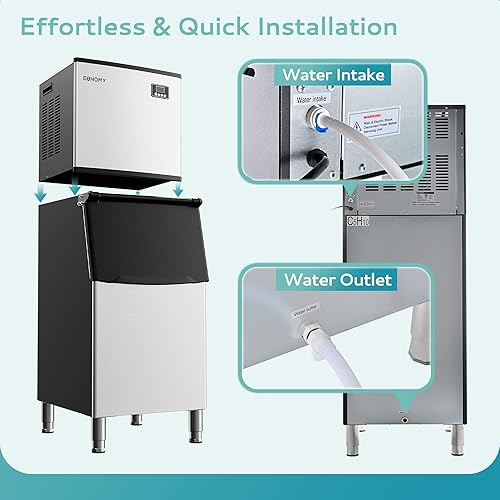 Miniatura 5 de EUHOMY Máquina comercial para hacer hielo de 400 libras/24 horas, aprobación ETL, máquina de hielo industrial, almacenamiento de 250 libras, lista