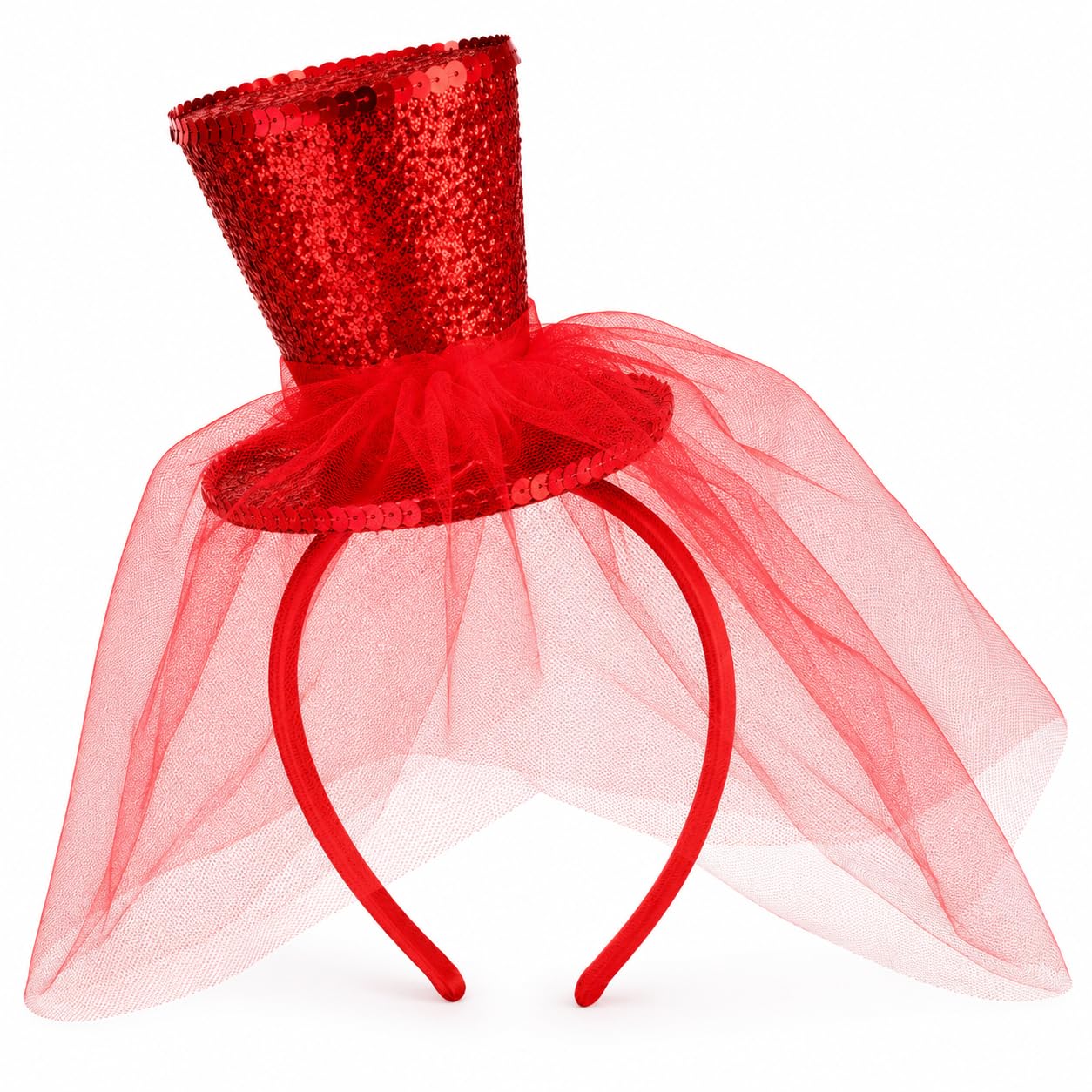Myqiqi Mini Top Hat Headband for Women, Red Sequin Fascinator Hat with Long Mesh on Red Headband, Fancy Dress Headwear for Valentine’s Day, Halloween, Christmas, Carnival, Hen Party, Cosplay
