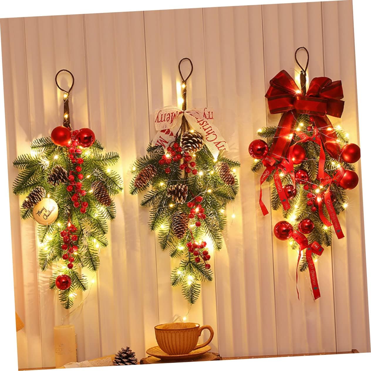 Cabilock Christmas Teardrop Swag Lightweight Artificial Door Hanging Pendant with Plastic Berries for Holiday Home Staircase Fireplace Decoration Faux Pine Garland