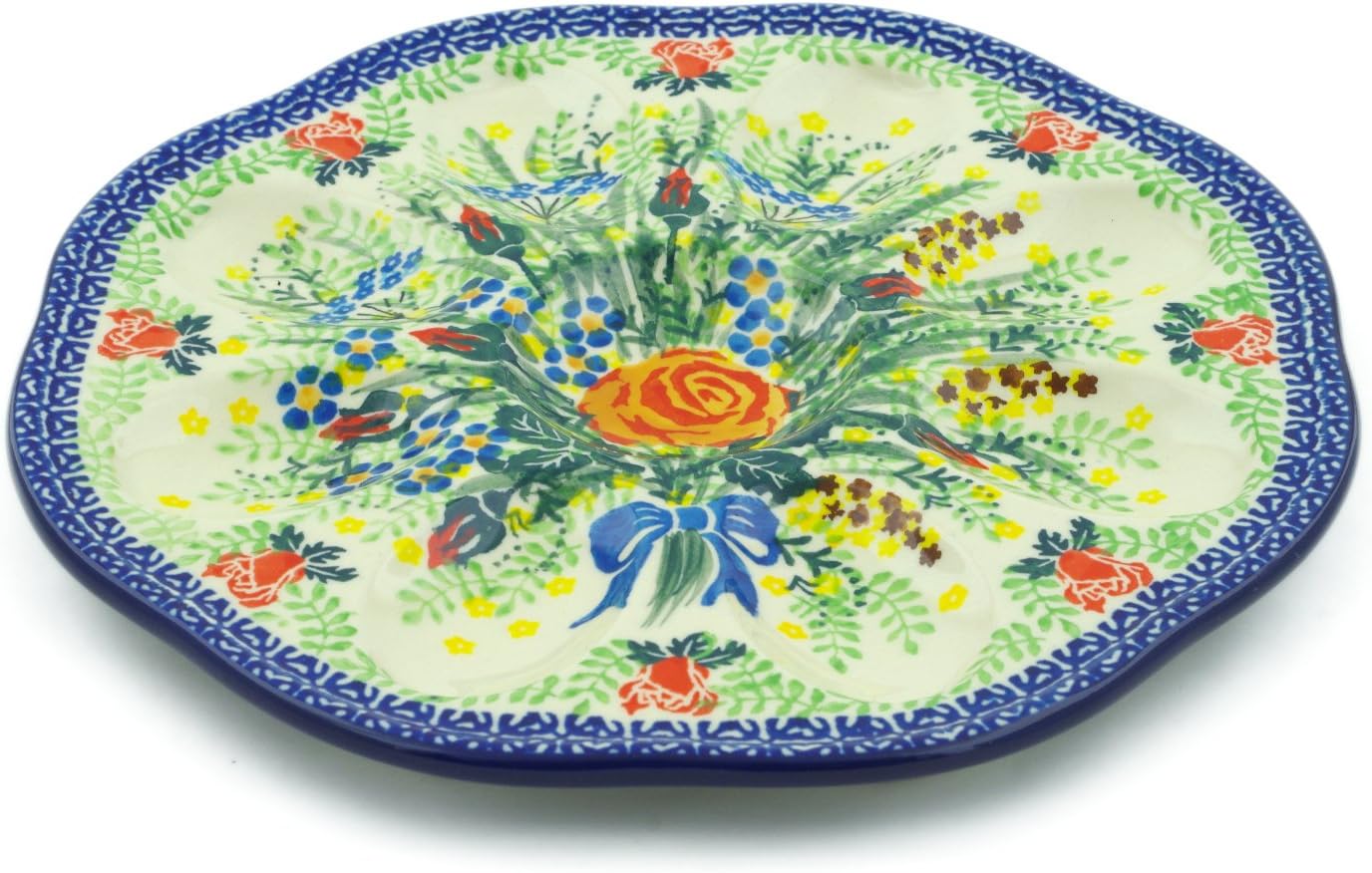 Polmedia Polish Pottery Egg Plate UNIKAT - Sunset Rose Bouquet Pattern Handmade in Boleslawiec Poland by Ceramika Artystyczna + Certificate of Authenticity