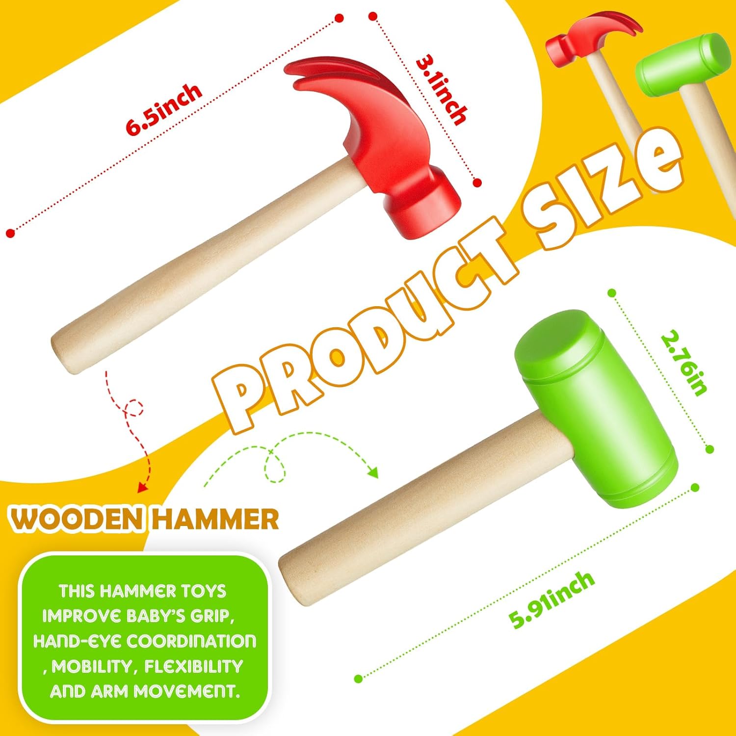 1 Pcs Kids Measuring Tape Toy and 2 Pcs Hammer Simulation Wooden Plastic Mallet Toy for Kids Toddler Back to School Educational Learning