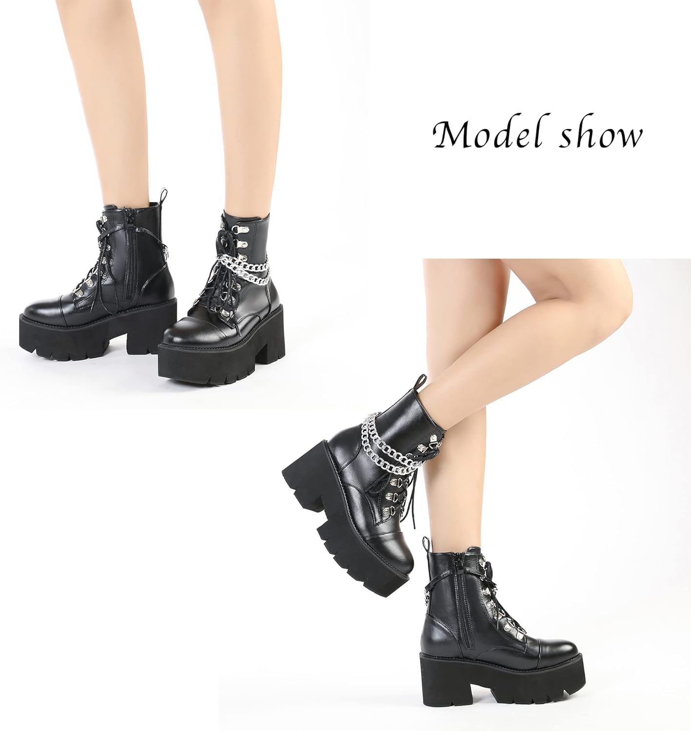 Womens Platform Boots Round Toe Chunky Ankle Boots Punk Boots Lace Up&Zipper Combat Boots - Image 2