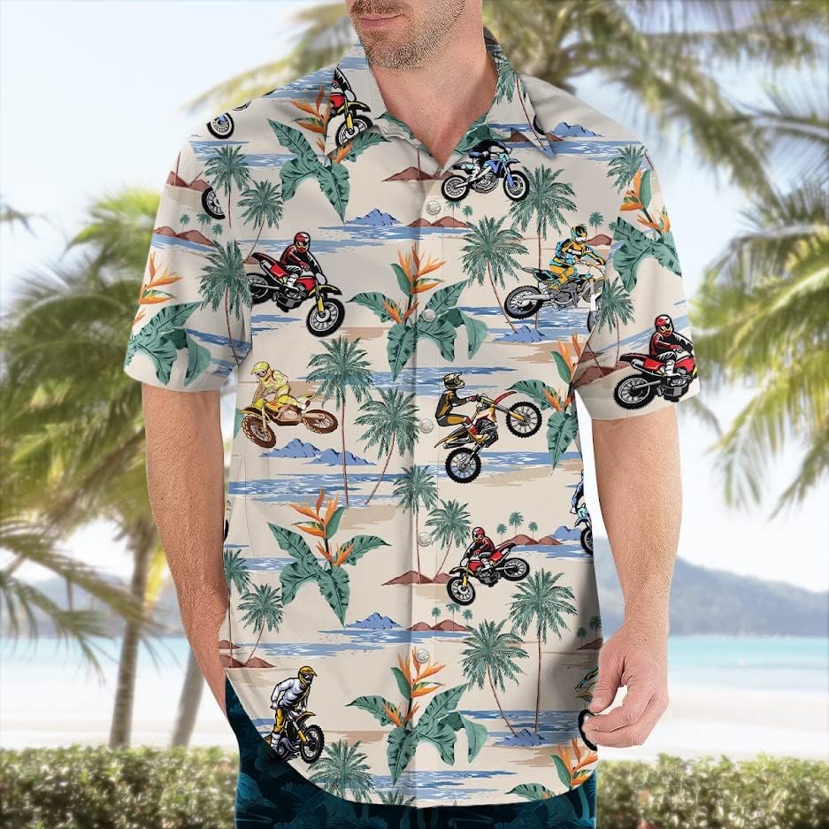 Motocross Racing Shirts for Men Dirtbike Short Sleeve Aloha Button Down Shirt - Mens Dirt Bike Gifts