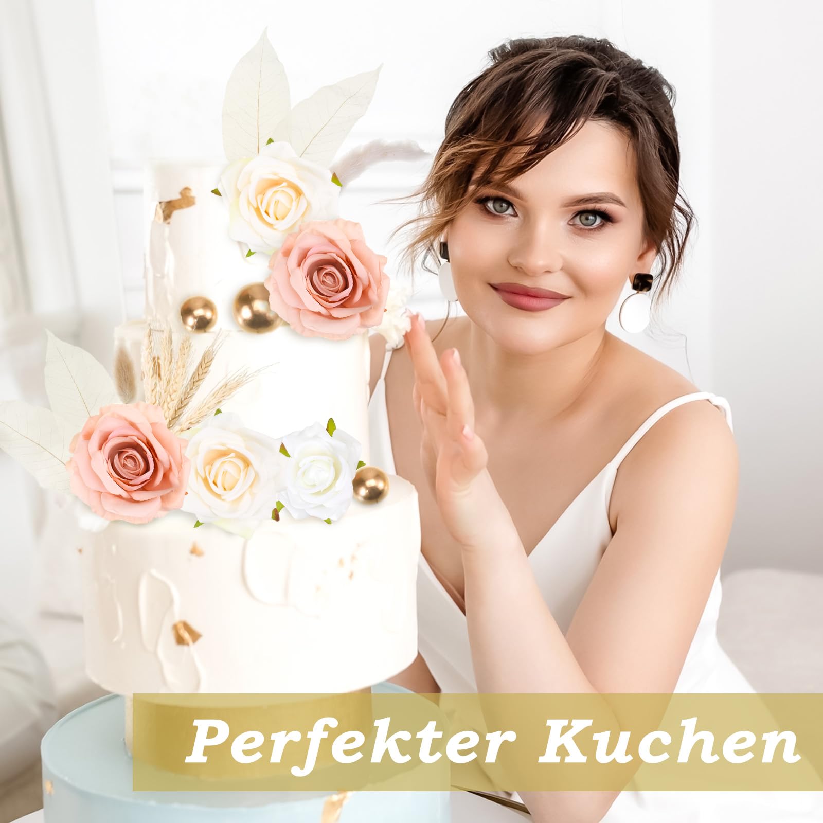 36-teiliges Boho Tortendeko-Set – Künstliche Rosen, Blätter, Gräser, Palmfächer, Wiederverwendbar