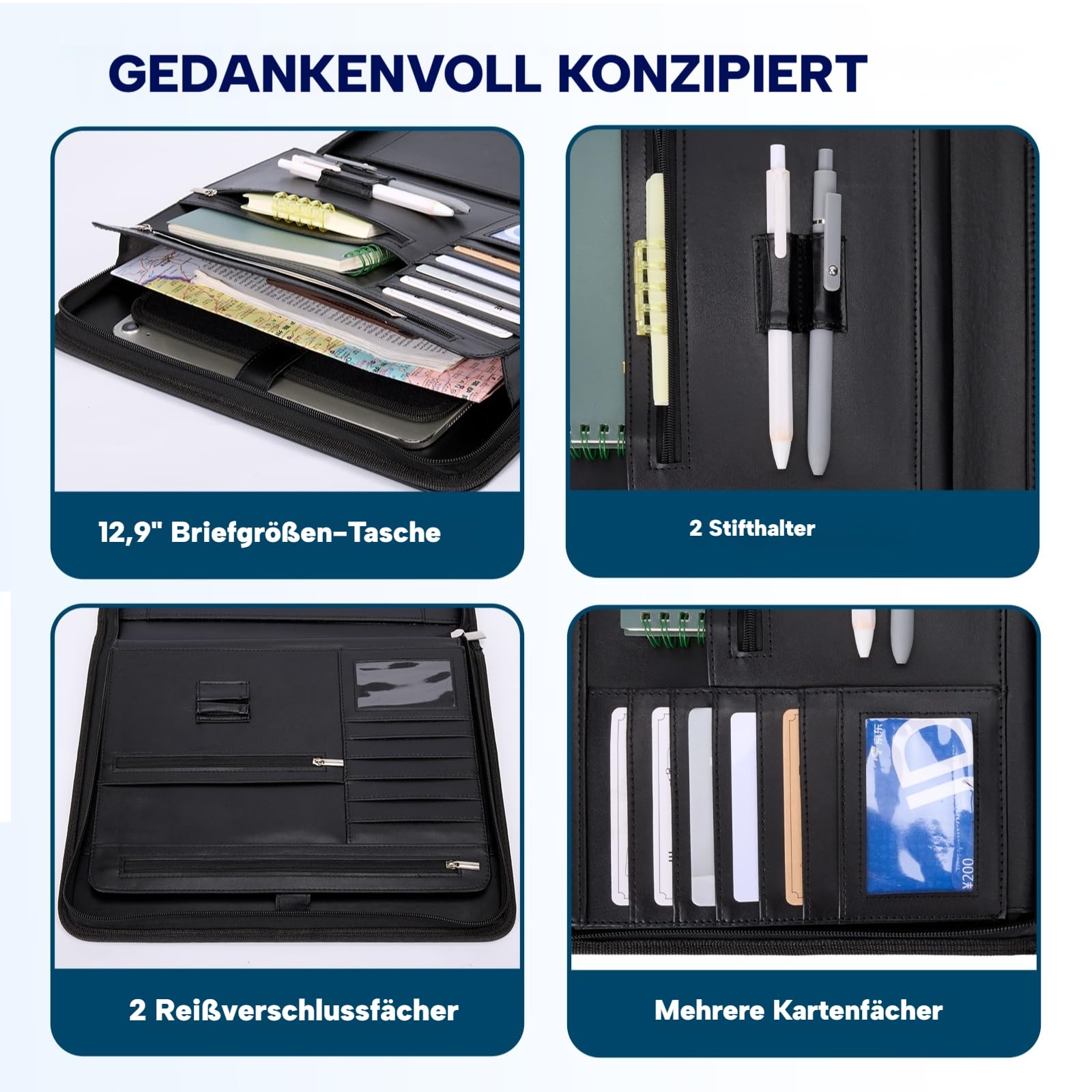 ENOMY Konferenzmappe A4 personalisiert Leder mit Reißverschluss, Dokumentenmappe Organizer Schreibmappe Portfolio Mappe mit Logo Bild, Business Bewerbungsmappe für Büro Meeting Reise Schwarz (Schwarz)