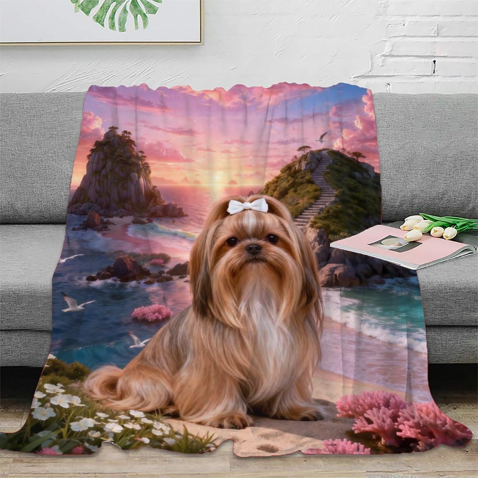 EMYXPAQM Shih Tzu Fleece Throw Blanket for Couch Sofa Bed All Season Sunset Coast Print Blanket Comfort Warmth Flannel Presents for Couple Wife Husband 60x80inch(150x200cm)