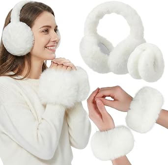 Liitrsh 2 Pieces Winter Faux Fur Earmuffs and Cuffs Set White Foldable Warm Plush Earmuffs & Fuzzy Wrist Warmers Ear Arm Accessories for Women, Gift for Cold Weather, Skiing, Lunar New Year