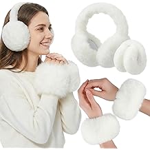 2 件套冬季人造毛皮耳罩和袖口套装白色可折叠保暖毛绒耳罩和模糊手腕保暖器耳臂配件,适合女性,适合寒冷天气、滑雪、农历新年的礼物