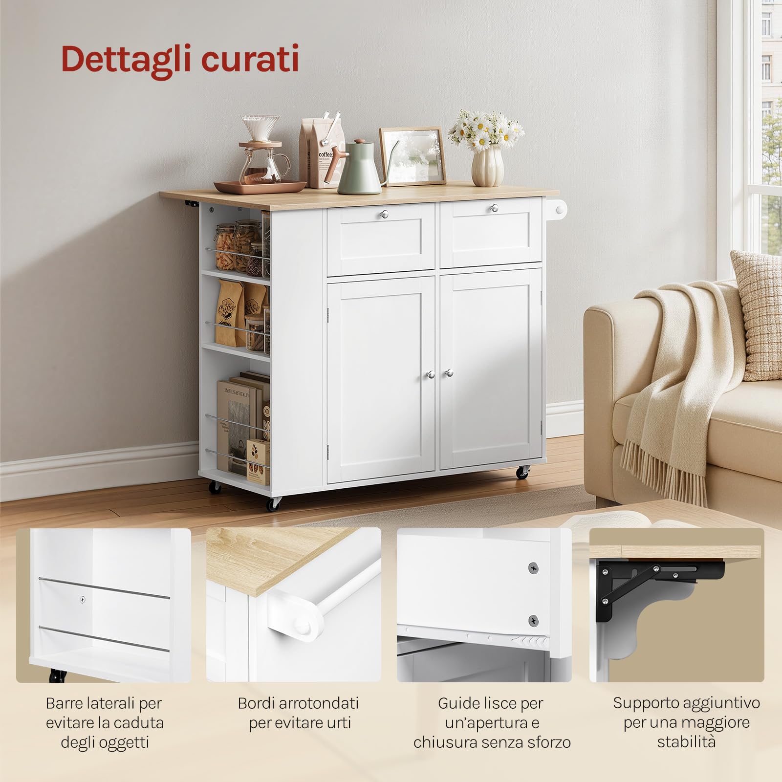 WOLTU Isola Cucina con Ruote Girevoli a 360°, Piano Ribaltabile, Scaffale Laterale a 3 Ripiani e 2 Cassetti, Carrello Cucina in Legno con 2 Ante e Portasciugamani, Rovere Chiaro + Bianco