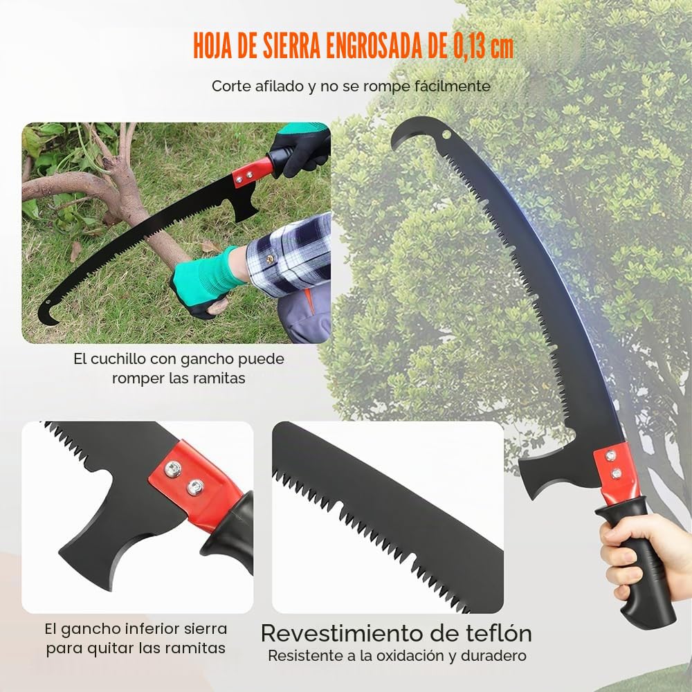 Pertiga Telescopica Podar,Sierra Podar,Pertiga Podar,Altura regulable de 8 m,1 sierra para 2 usos,con maletín de transporte y dos hojas de sierra para reparar fácil y cómodamente las ramas altas