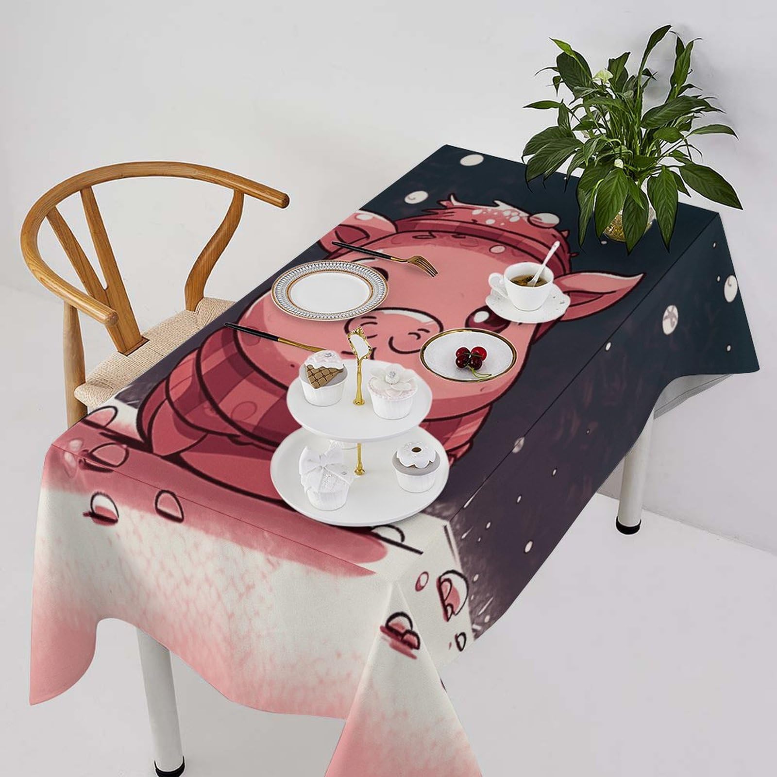 Nappe rectangulaire imprimé flocon de neige et cochon de table lavable cuisine