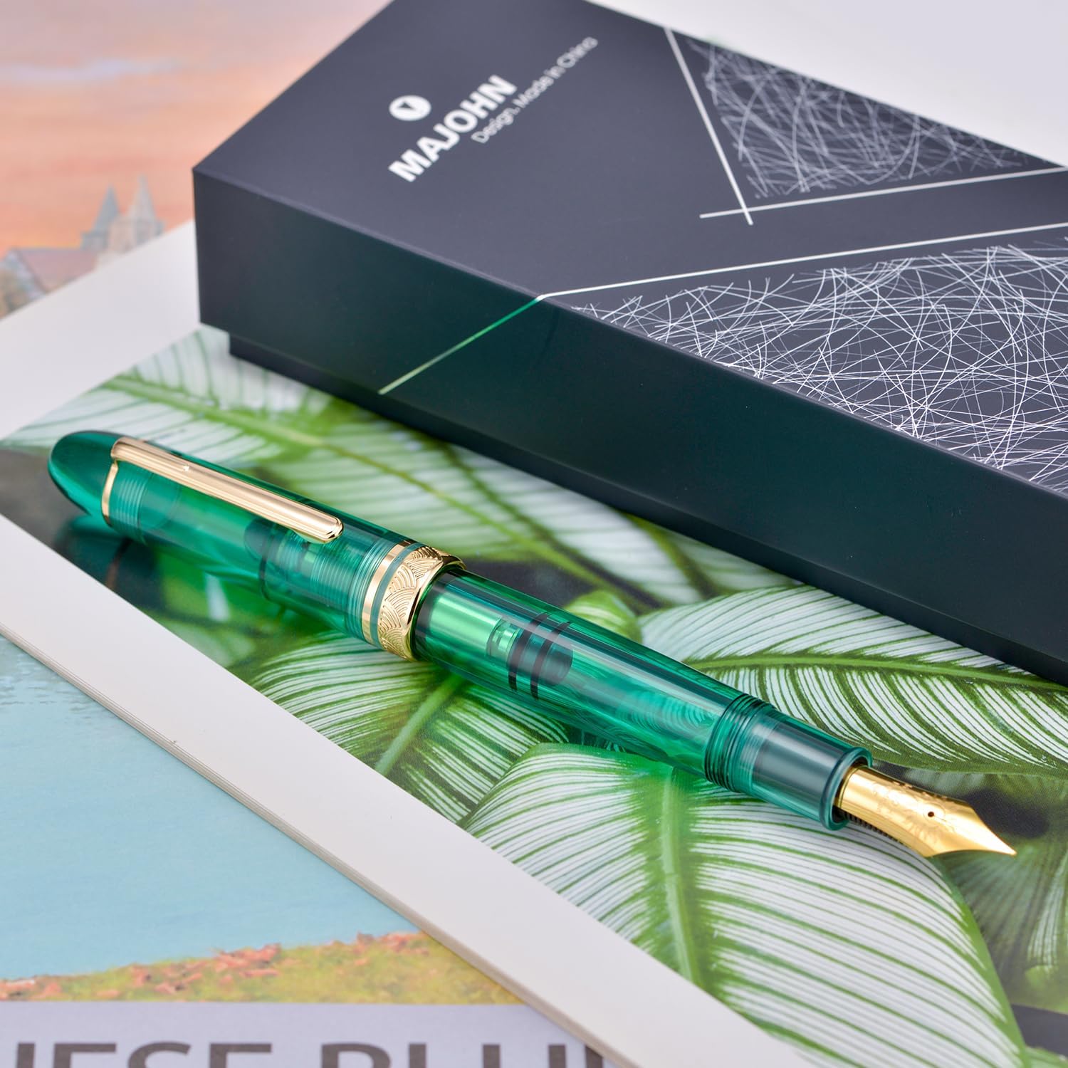 erofa Majohn P140 Piston Fountain Pen NO.8 Medium Nib, Large Capacity Transparent Green Acrylic Writing Gift Pen with Box
