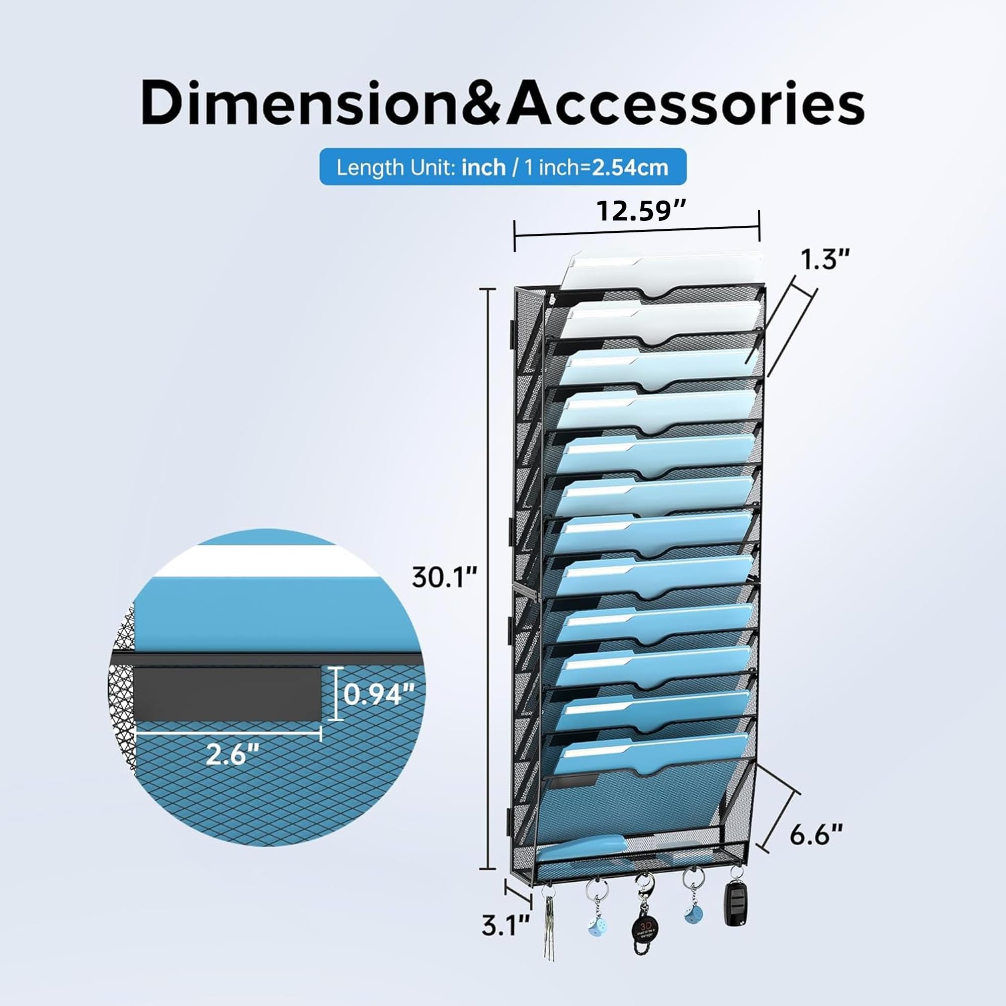 Wall Mounted File Organizer 15-Tier Wall File Organizer - Metal Mesh Hanging Wall Rack For Papers, Folders & Magazine Storage Mesh Wall File Organizer