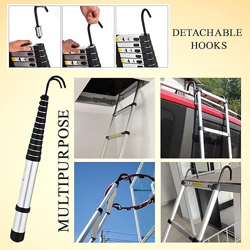 Miniatura 22 de Escalera telescópica de aluminio de 12.5 pies, escalera extensible con 2 ganchos desmontables, diseño de bloqueo de seguridad portátil y ligero