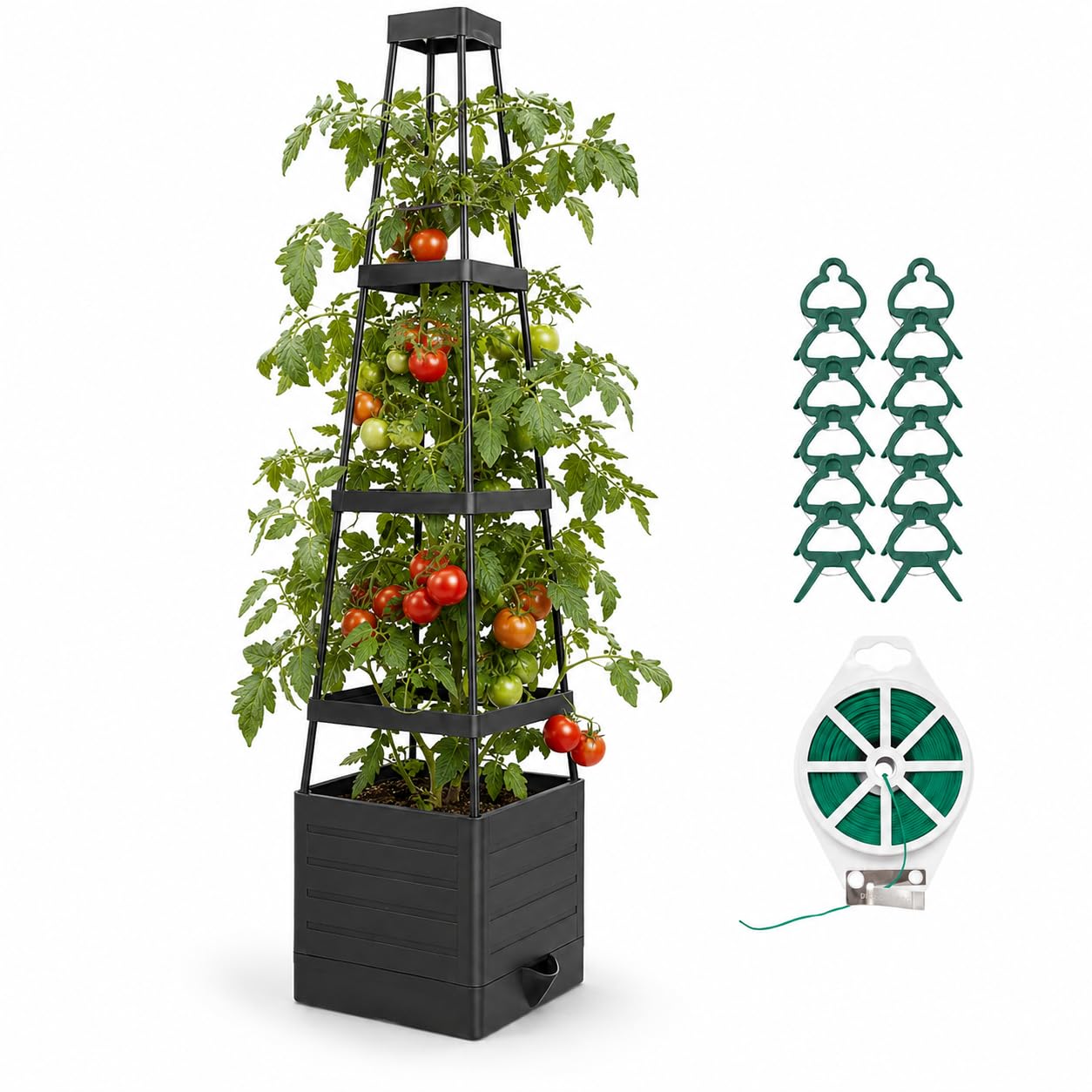 JQTOP Tomatentopf mit Rankhilfe 145 cm, Pflanzkübel mit Rankgitter und Selbstbewässerung, Hochbeet für Tomaten, Gurken und Kletterpflanzen, Outdoor für Balkon Garten
