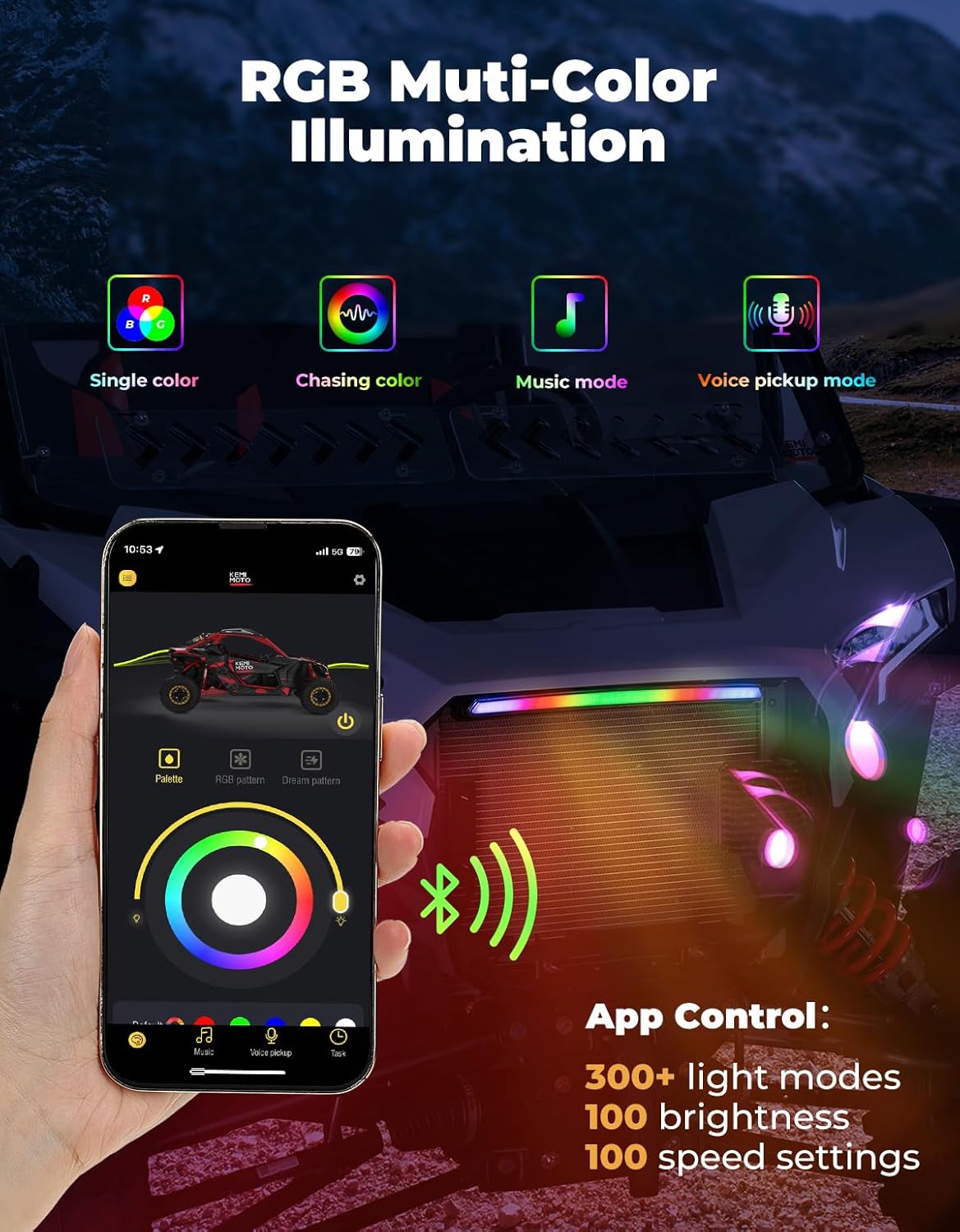 KEMIMOTO 2024+ XP 1000 Front Light APP Control, Compatible with 2024+ Polaris RZR XP 1000 / RZR XP 4 1000, Front Accent RGB Chasing Color Light with Turn Signal Kit #2415449