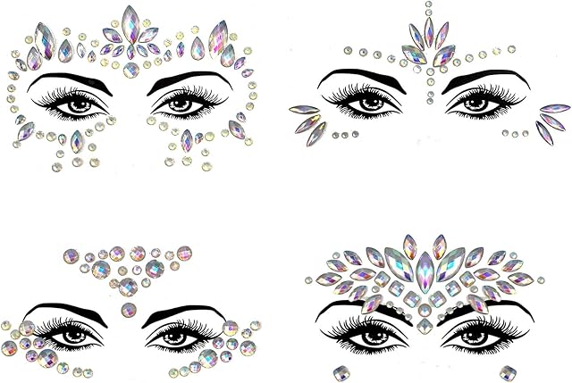4 Pack Mermaid Face Gems Glitter, Face Gems Glow in the Dark Halloween Face Stickers Set, Crystals Face Stickers for Eyes Face Body Temporary Tattoos
