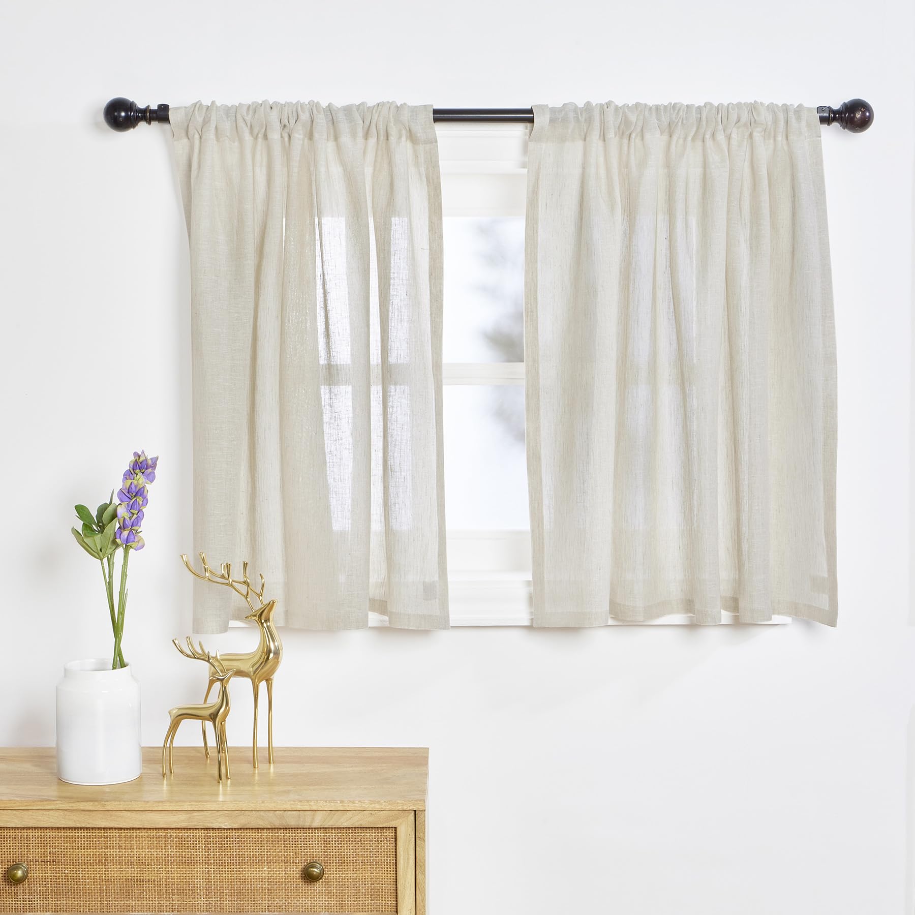 Solino Home 100% Pure Linen Sheer Curtain 36 Inches - European Flax Light Natural Curtain 52 x 36 Inch - Light Filtering Window Treatment Panel for