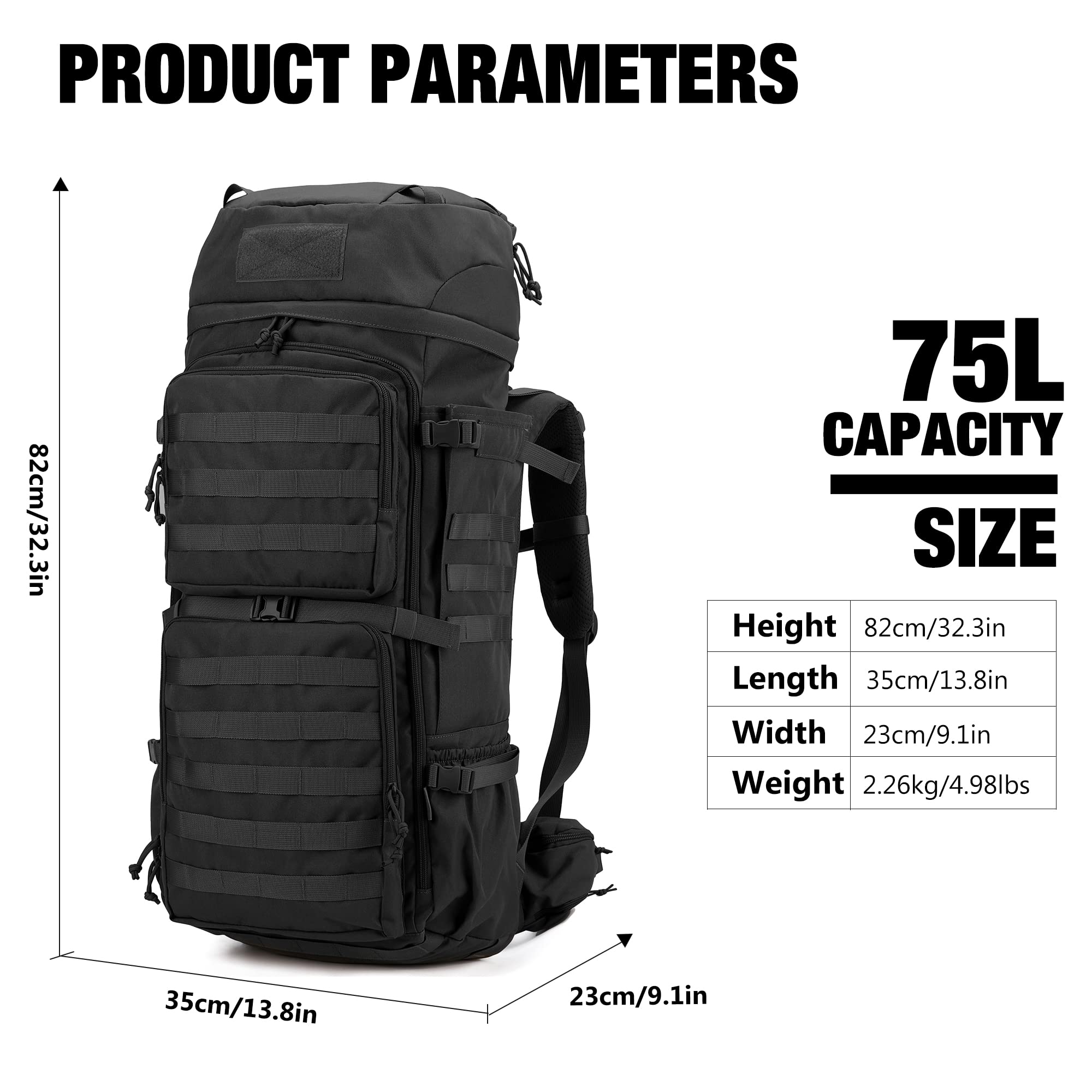 Mardingtop 75L Rucksack Taktischer Rucksack Wanderrucksack Trekkingrucksack YKK Zipper mit der großen Kapazität