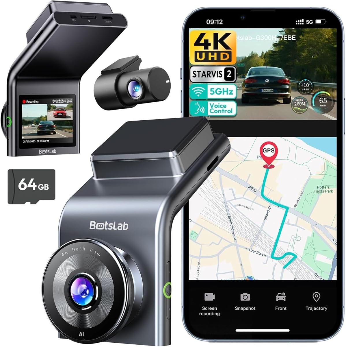 BOTSLAB 4K Dual Dash Cam Front and Rear, STARVIS 2 Sensor, Built in GPS, Voice Control, 24/7 Parking Mode, 5GHz WiFi Dash Camera for Cars, WDR Night Vision, 64GB Card Included