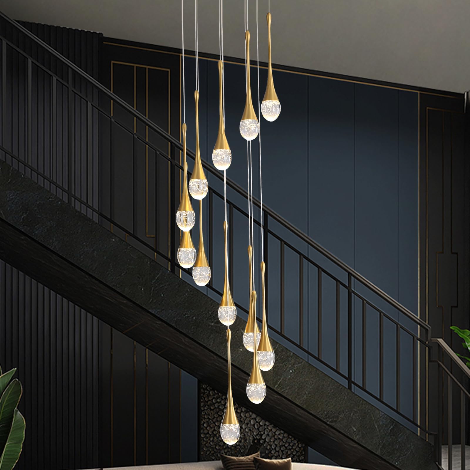 Zenithbeam Gold 12-Light Raindrop Crystal Pendant Chandeliers 120''/305Cm High Ceiling Foyers Entrance Chandeliers Staircase Long Pendant Light Big Crystal Bubble 3000-6000K Dimmbale Led Lighting Fixtures