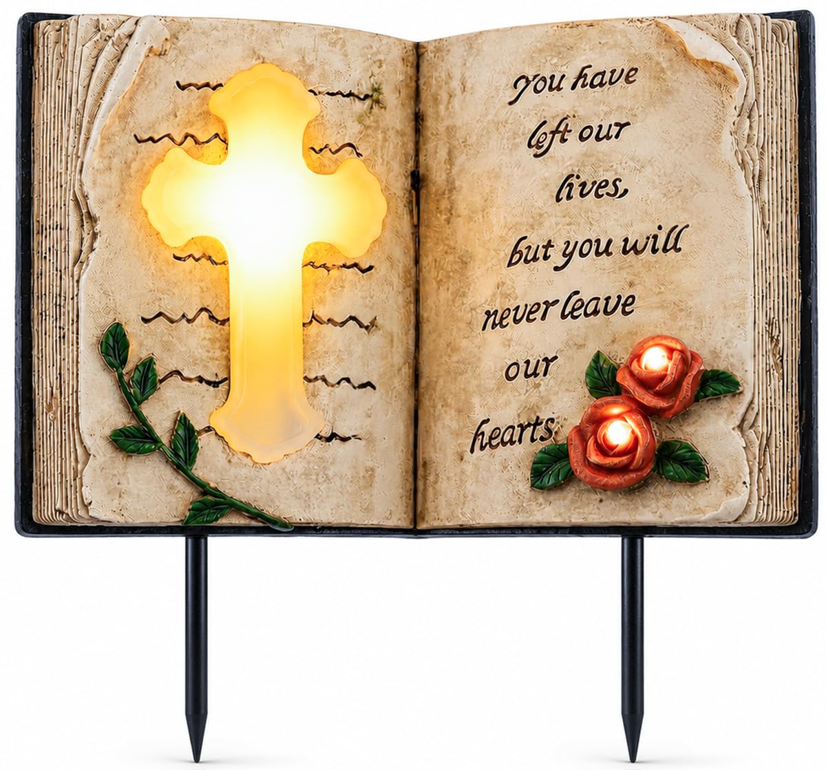 Candieslife Outdoor Solar Memorial Cross Stakes Lights, Waterproof Book Statue Grave Decorations Sympathy Gifts for Cemetery Garden Lawn Yard Patio Home Decor