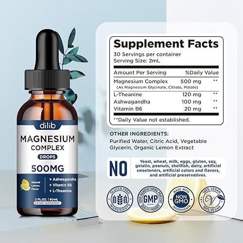 Miniatura 7 de Suplemento triple de complejo de magnesio, glicinato de magnesio, citrato, malato, gotas líquidas de 500 mg con Ashwagandha, L-teanina, vitamina B6